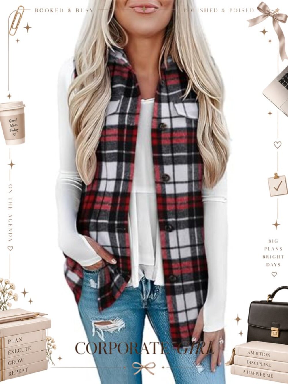 Plaid Sleeveless Long Button Front Vest Shacket Midi Length